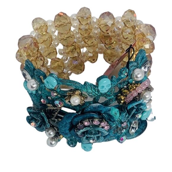 Betsey Johnson Blue Crystal Skull Statement Bracelet 7"  Flower TEAL PATINA - Picture 4 of 14
